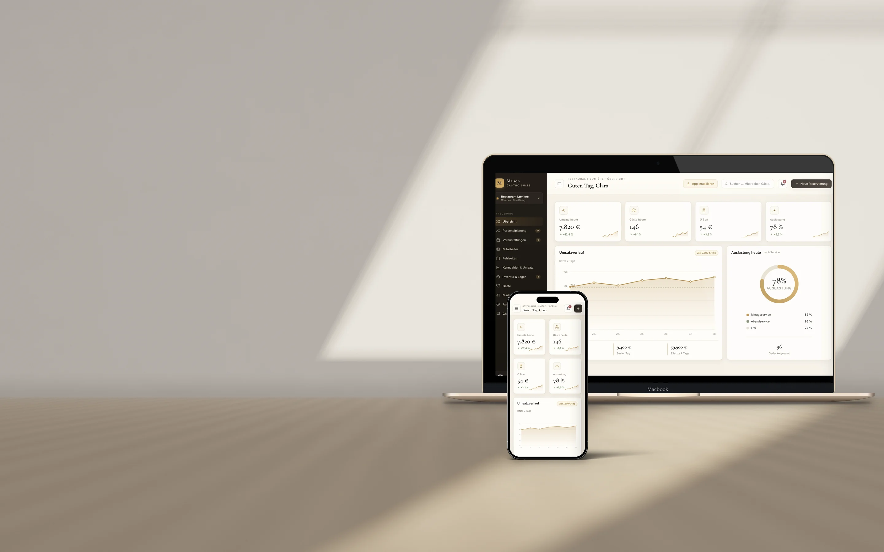 MacBook und iPhone auf einem Eichentisch mit der Gastronomie-Demo von ibx: Übersicht eines Restaurants mit Umsatz, Gästen und Auslastung. Demo mit erfundenen Daten.
