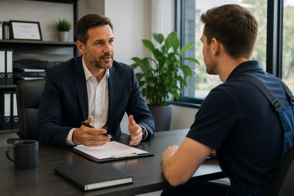 Mitarbeiterin arbeitet in einem modernen Büro an einem digitalen KI-Dashboard zur Personalplanung und Dienstplanverwaltung.