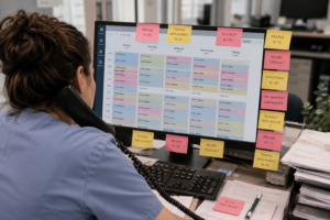Überforderte Arzthelferin telefoniert in einer Arztpraxis vor einem überfüllten Termin Kalender mit vielen Postits und Terminverschiebungen