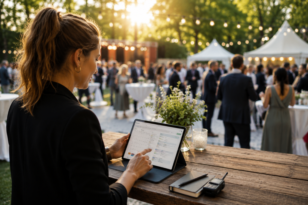 Eventmanagerin organisiert Outdoor Veranstaltung digital mit Tablet und KI Workflow
