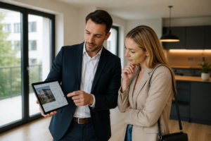 Immobilienmakler zeigt einer Interessentin während einer Wohnungsbesichtigung Informationen auf einem iPad in einer modernen Wohnung.
