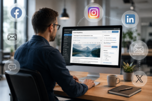 Mitarbeiter im modernen Büro erstellt einen WordPress Blogbeitrag, während halbtransparente Social Media und Newsletter Icons die automatische Verteilung von Inhalten symbolisieren.