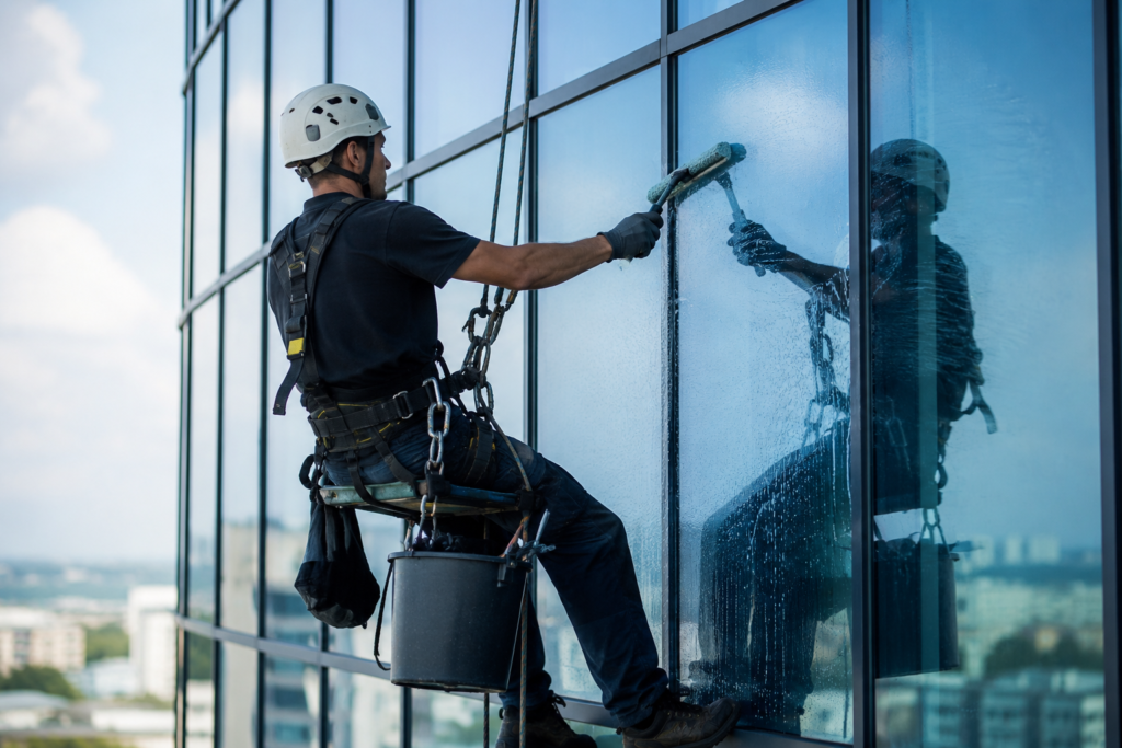 Professioneller Fensterreiniger bei der Reinigung einer modernen Glasfassade eines Bürogebäudes.