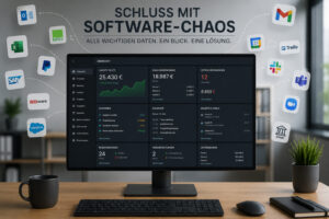 Zentrales Unternehmensdashboard verbindet Buchhaltung, Banking, E-Mails, Kalender und Projektmanagement in einer Ansicht.