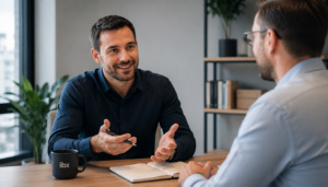 IBX Berater im Gespräch mit einem Unternehmer über Digitalisierung, Prozessoptimierung und den Einsatz von Künstlicher Intelligenz