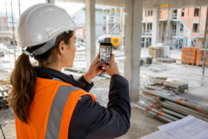 Mitarbeiterin dokumentiert Baustellenfortschritt digital per Smartphone