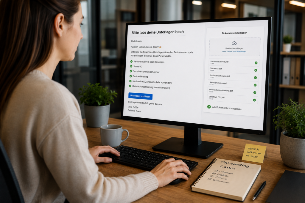 Mitarbeiterin lädt digitale Unterlagen während eines automatisierten Onboarding-Prozesses im Büro hoch
