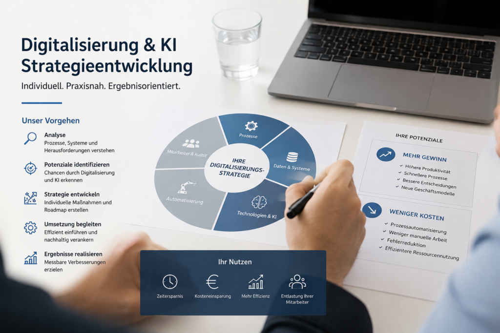 Berater analysiert Unternehmensprozesse und entwickelt eine individuelle Digitalisierungs- und KI-Strategie zur Steigerung von Effizienz, Gewinn und Kosteneinsparung.