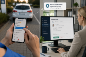 flegekraft beantragt Urlaub über eine Mitarbeiter-App auf dem Smartphone, während die Personalverwaltung den Antrag digital im Dashboard erhält.