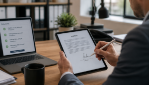 Unternehmer unterschreibt ein Dokument digital auf einem Tablet und gibt Verträge papierlos frei