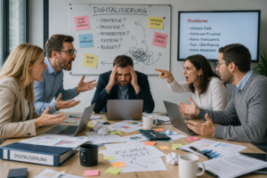Überforderte Arbeitsgruppe diskutiert während eines Digitalisierungsprojekts in einem Besprechungsraum.