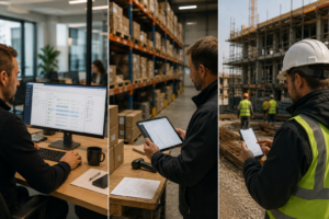 Mitarbeitende arbeiten im Büro, Lager und auf einer Baustelle mit einer gemeinsamen digitalen Plattform. Alle Bereiche greifen in Echtzeit auf dieselben Unternehmensdaten zu.