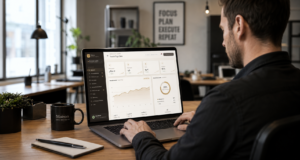 Mitarbeiter im Backoffice arbeitet mit einer digitalen Restaurant Management Software zur Steuerung von Personal, Reservierungen, Umsatz, Lager und Kennzahlen.