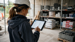 Frau auf einer Baustelle bestellt Material über eine digitale Lager App auf einem Tablet.