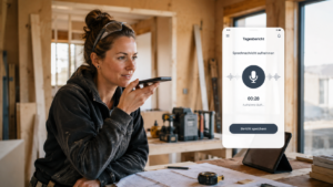 Handwerkerin auf einer Baustelle spricht einen Tagesbericht als Sprachnachricht in die ibx App auf dem Smartphone