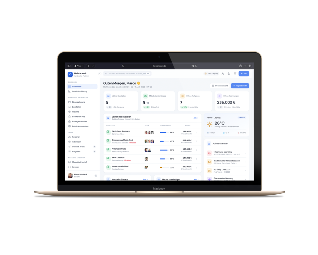 Demo system for trades and construction: Trades dashboard demo