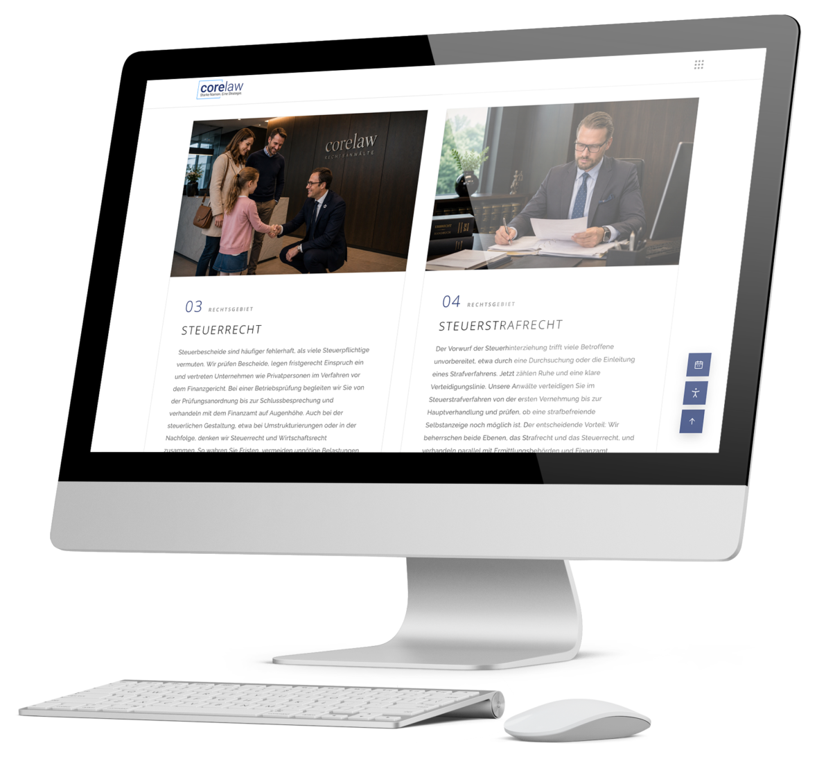 The practice areas of the corelaw website on a desktop