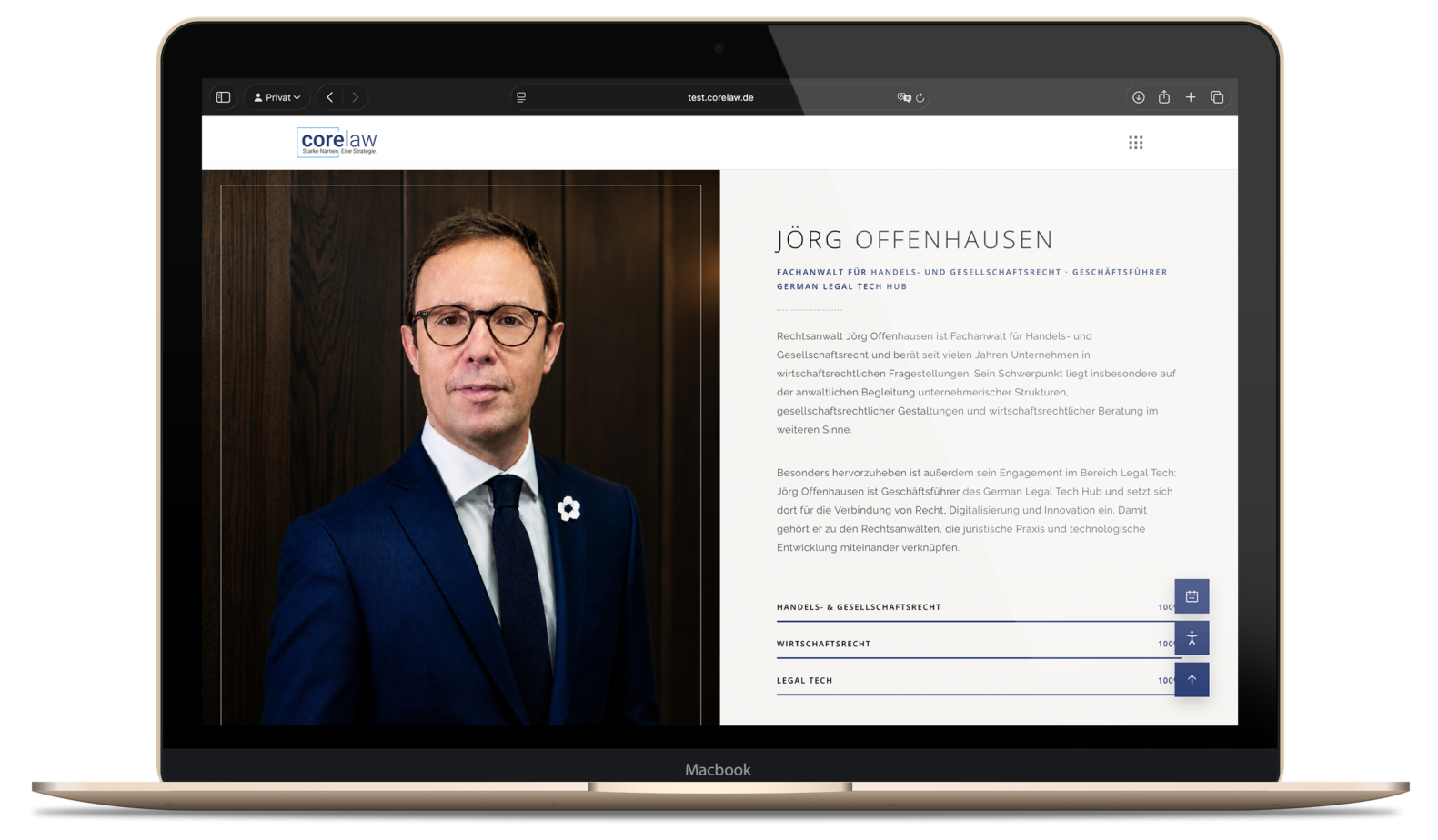 A lawyer profile on the corelaw website on a laptop