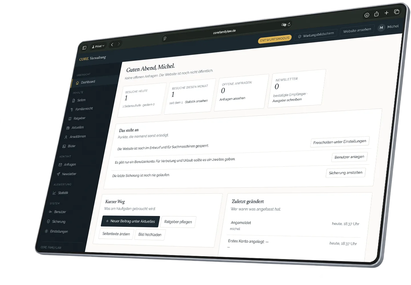 The CORE. Verwaltung backend with dashboard, open enquiries and newsletter