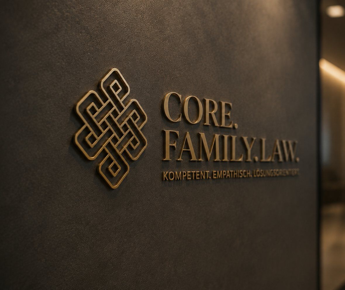 The CORE.FAMILY.LAW. logo in gold on the reception wall
