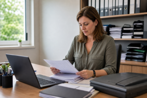 Mitarbeiterin digitalisiert Entgeltunterlagen und ordnet Papieroriginale im Büro.