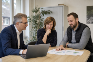 Zwei Unternehmenspartner besprechen gemeinsam ein digitales Entwicklungsprojekt in einem Besprechungsraum.