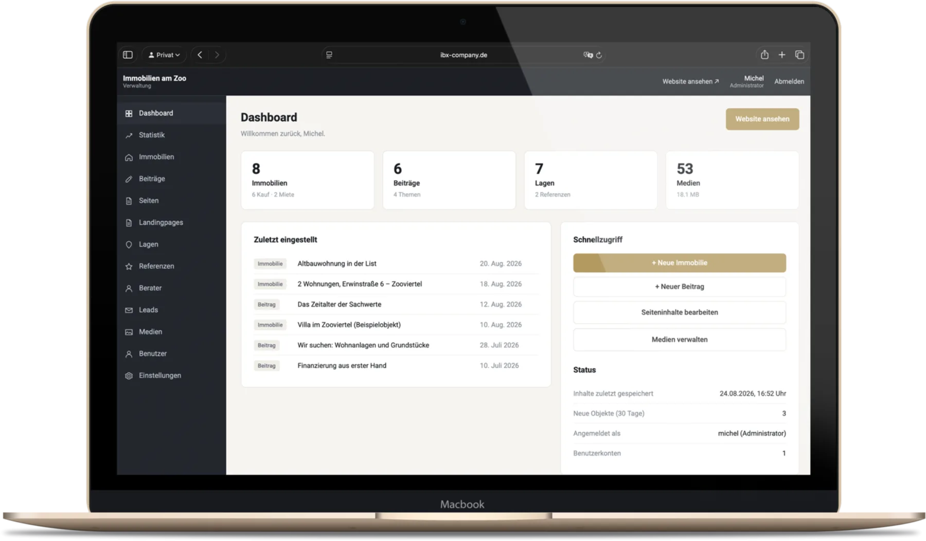 The Immobilien am Zoo backend with dashboard, properties and leads