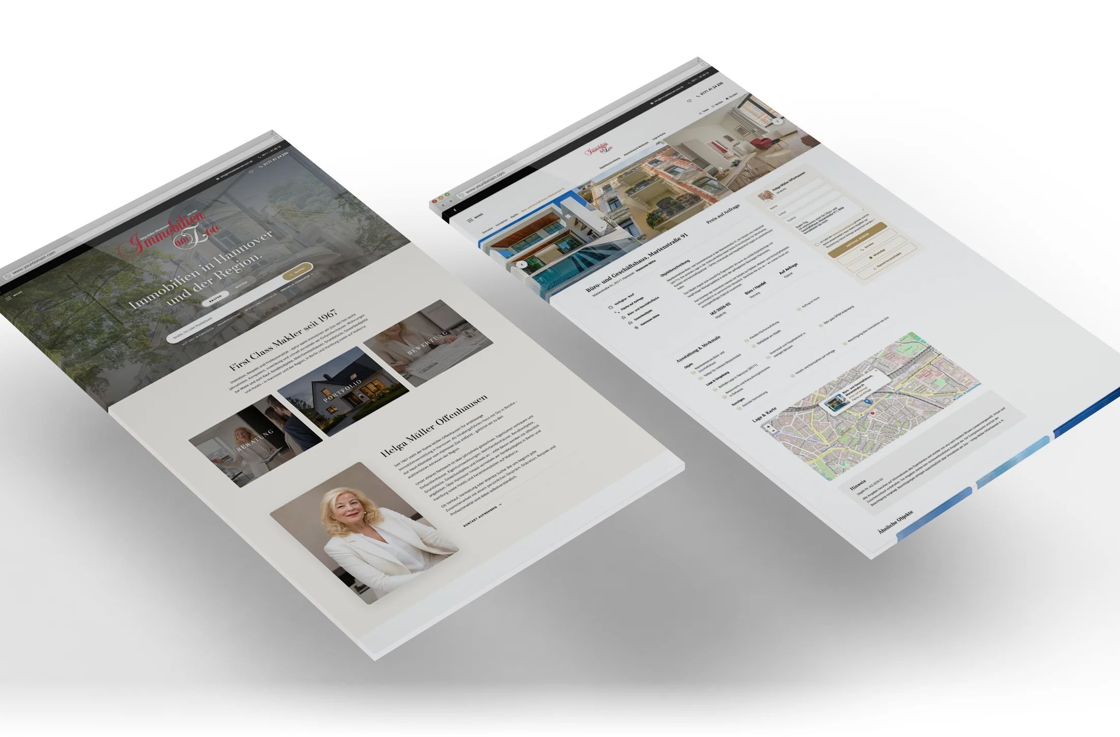 Die Objektseite und die Startseite von Immobilien am Zoo nebeneinander im Browser