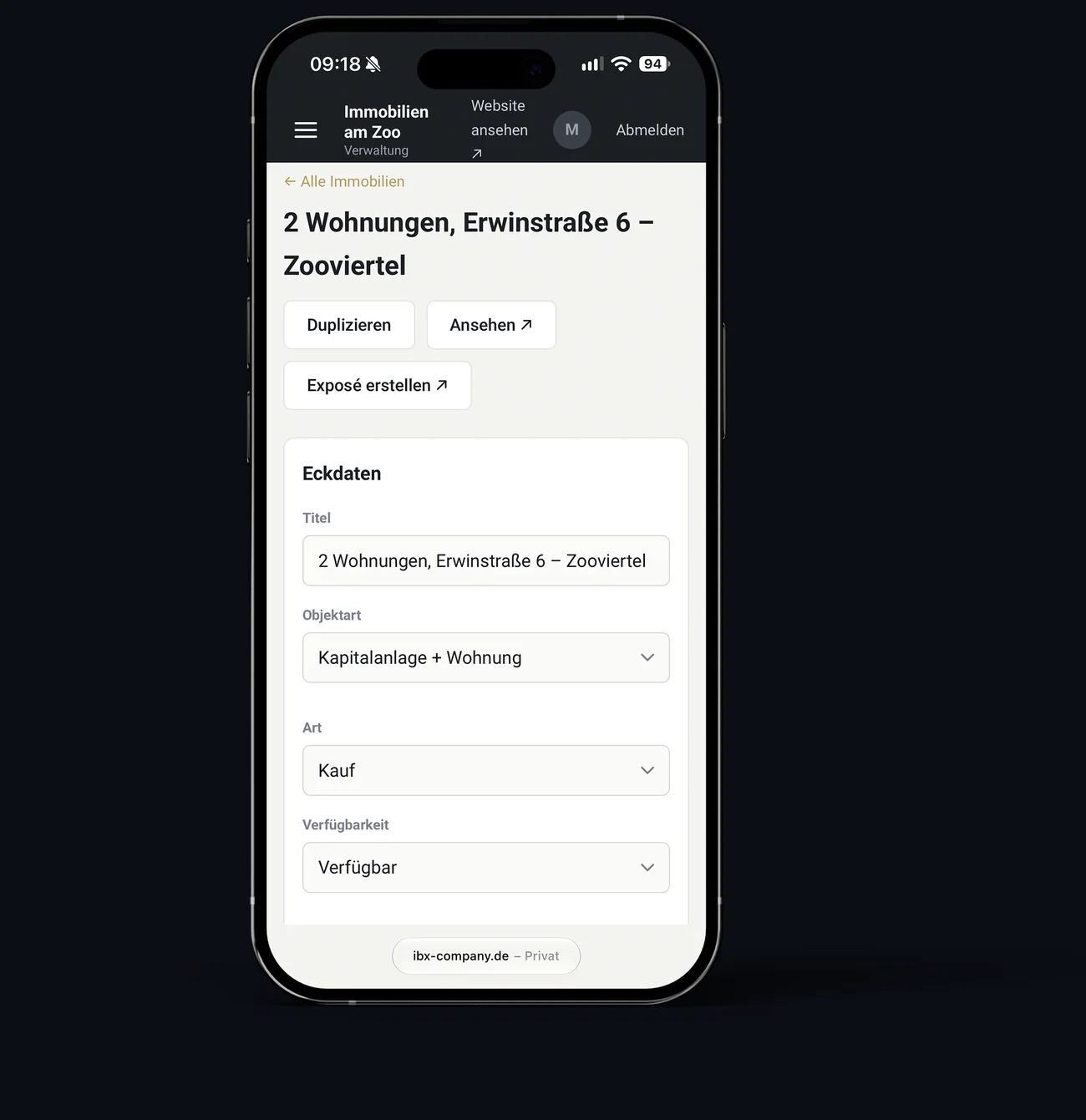 Die Objektmaske von Immobilien am Zoo auf dem Smartphone, mit Eckdaten und dem Knopf Exposé erstellen