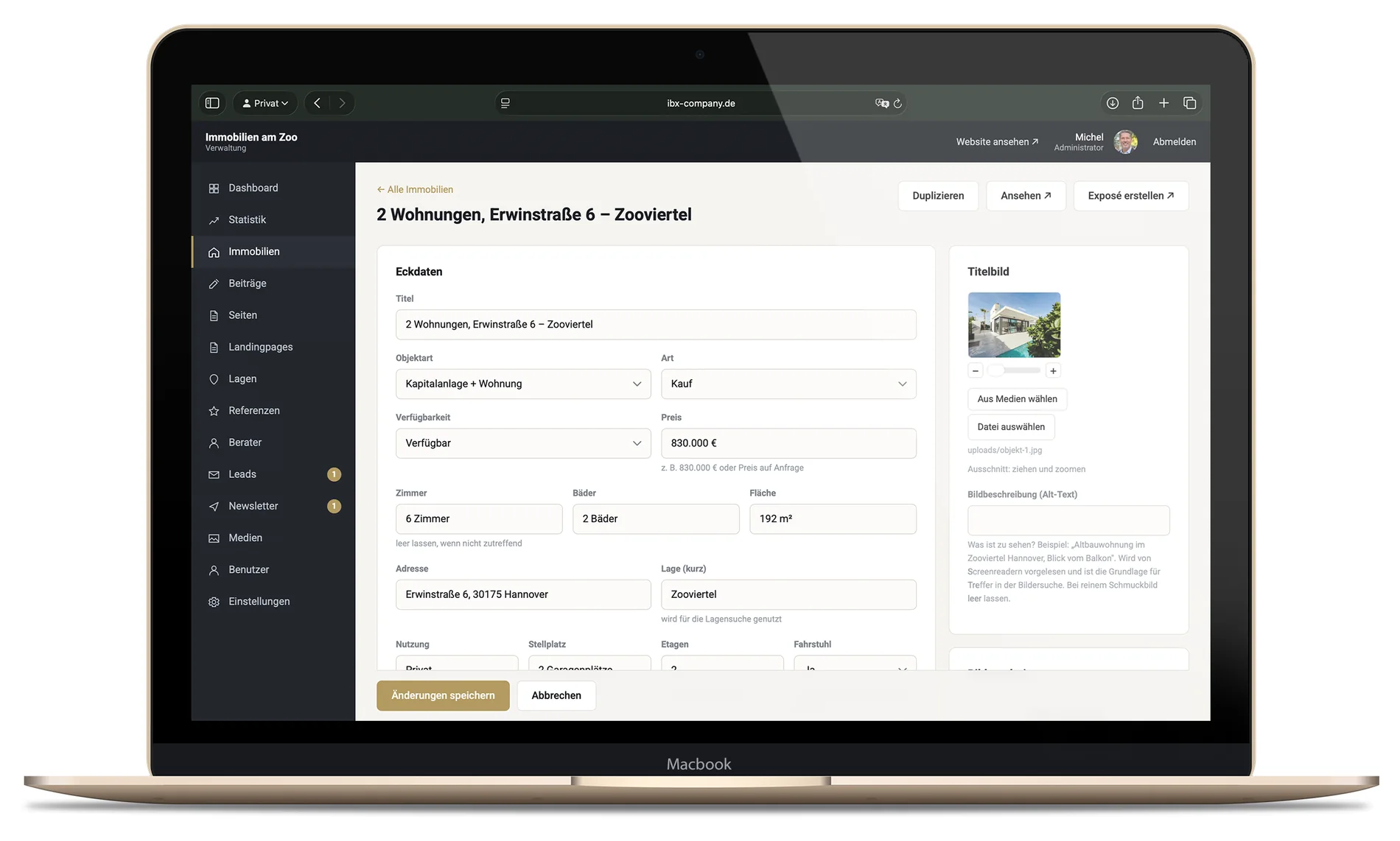 Die Objektmaske im Backend von Immobilien am Zoo am Notebook, mit Eckdaten, Titelbild und dem Knopf Exposé erstellen