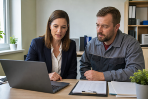 Personalverantwortliche prüfen gemeinsam HR-Software und betriebliche Abläufe an einem Schreibtisch.