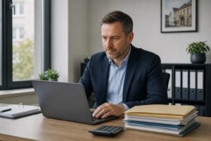 Inhaberin eines kleinen Betriebs prüft am Laptop einen öffentlichen Auftrag des Bundes