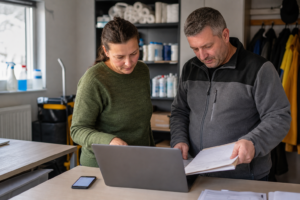 Betriebsleiter und Fachkraft für Arbeitssicherheit prüfen eine digitale Bestellung per E-Mail im Büro eines Reinigungsbetriebs.
