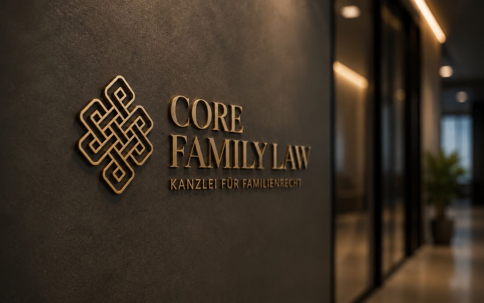The CORE FAMILY LAW logo in gold on the reception wall