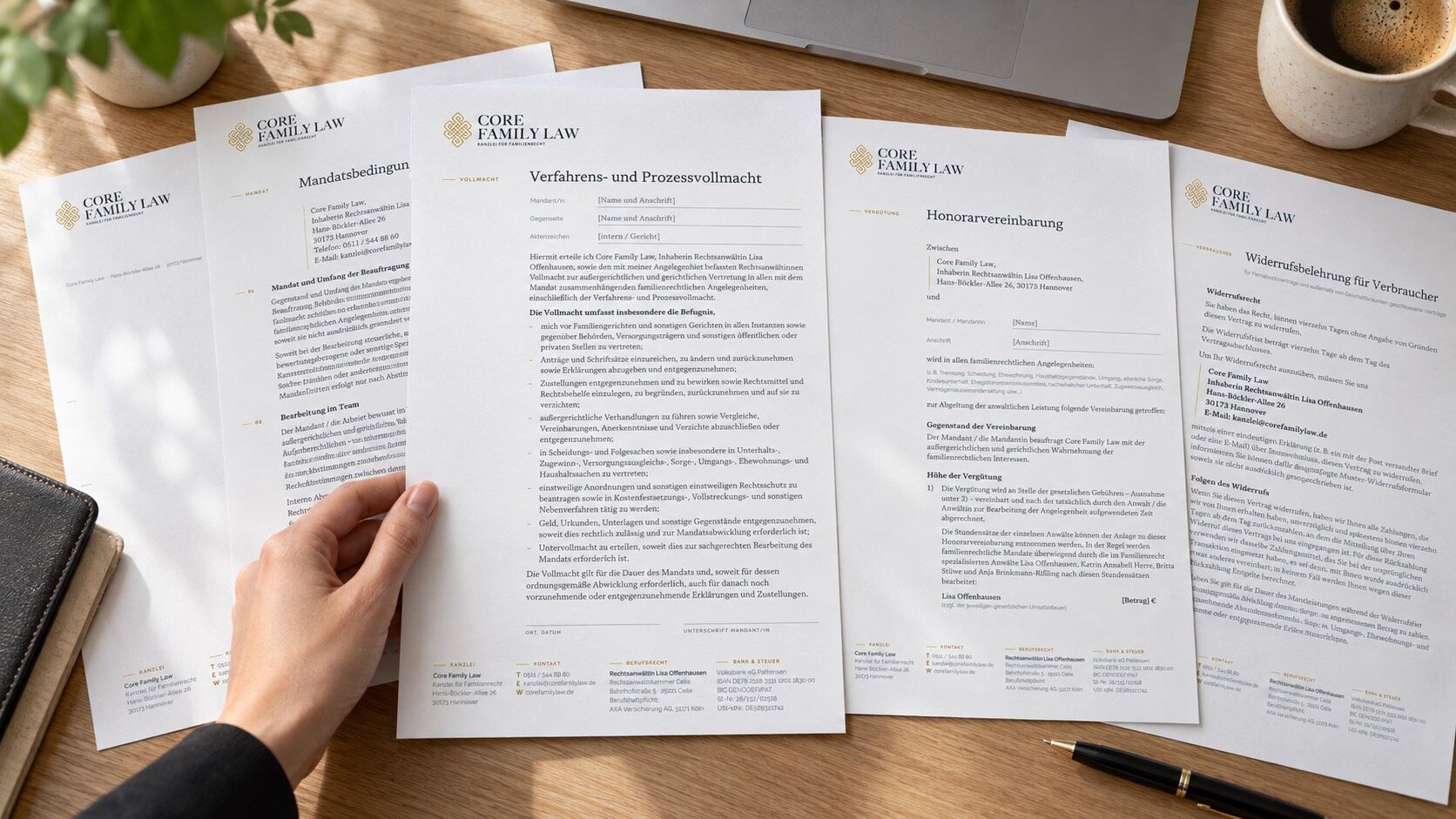 Letterhead, terms of engagement, power of attorney, fee agreement and cancellation notice of CORE FAMILY LAW in one consistent design