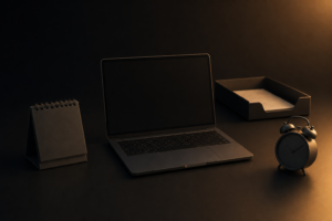Laptop mit Kalender, Wecker und Dokumentenablage zur digitalen Fristenkontrolle
