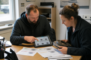 Werkstattinhaber und Bürokraft vergleichen am Tablet Angebote für ein Ersatzteil, bevor sie eine Bestellung freigeben.