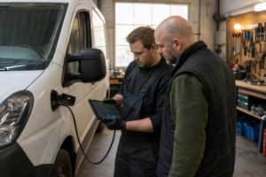 Werkstattinhaber und Mechaniker lesen Sensordaten eines vernetzten Lieferwagens über ein Tablet aus.