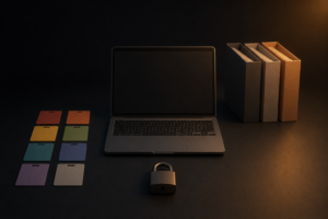 Laptop mit acht Berechtigungskarten, Vorhängeschloss und drei Aktenordnern für unterschiedliche Unternehmensbereiche