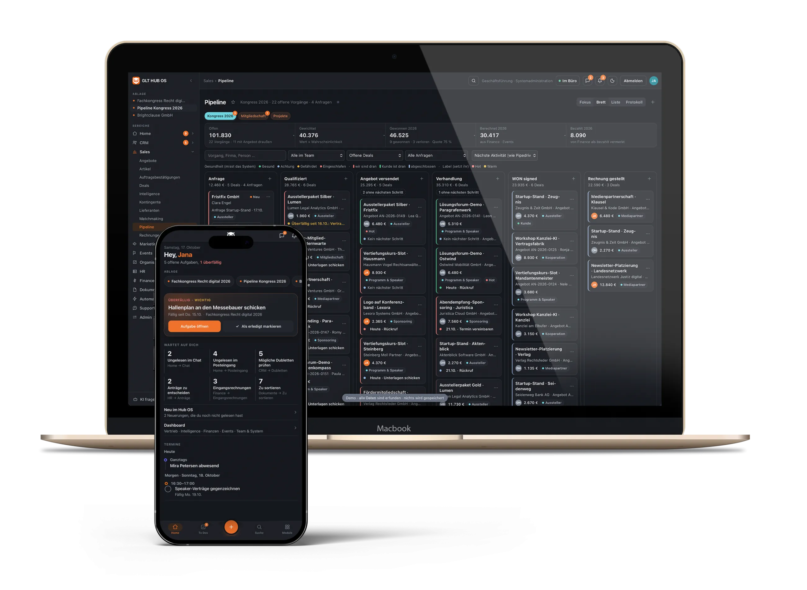 Hub OS des German Legal Tech Hub auf MacBook und Smartphone, Demo mit erfundenen Daten