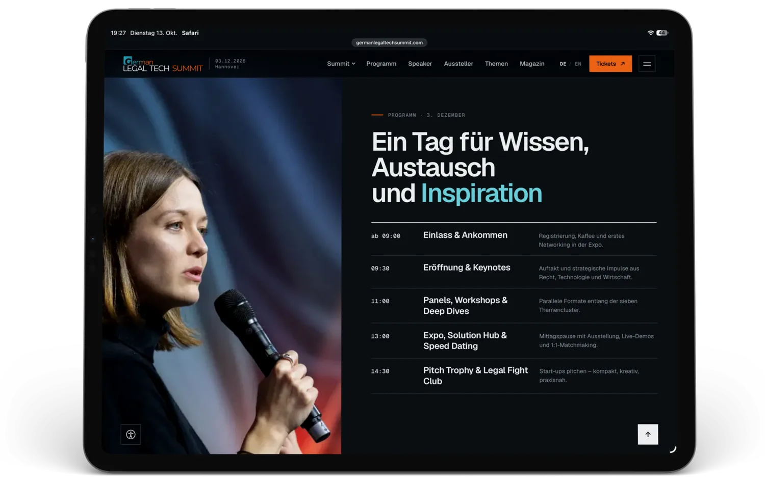 The German Legal Tech Summit programme for the day on a tablet