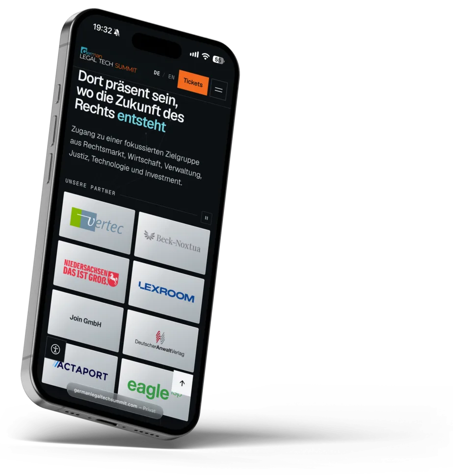 The German Legal Tech Summit partner page on a phone