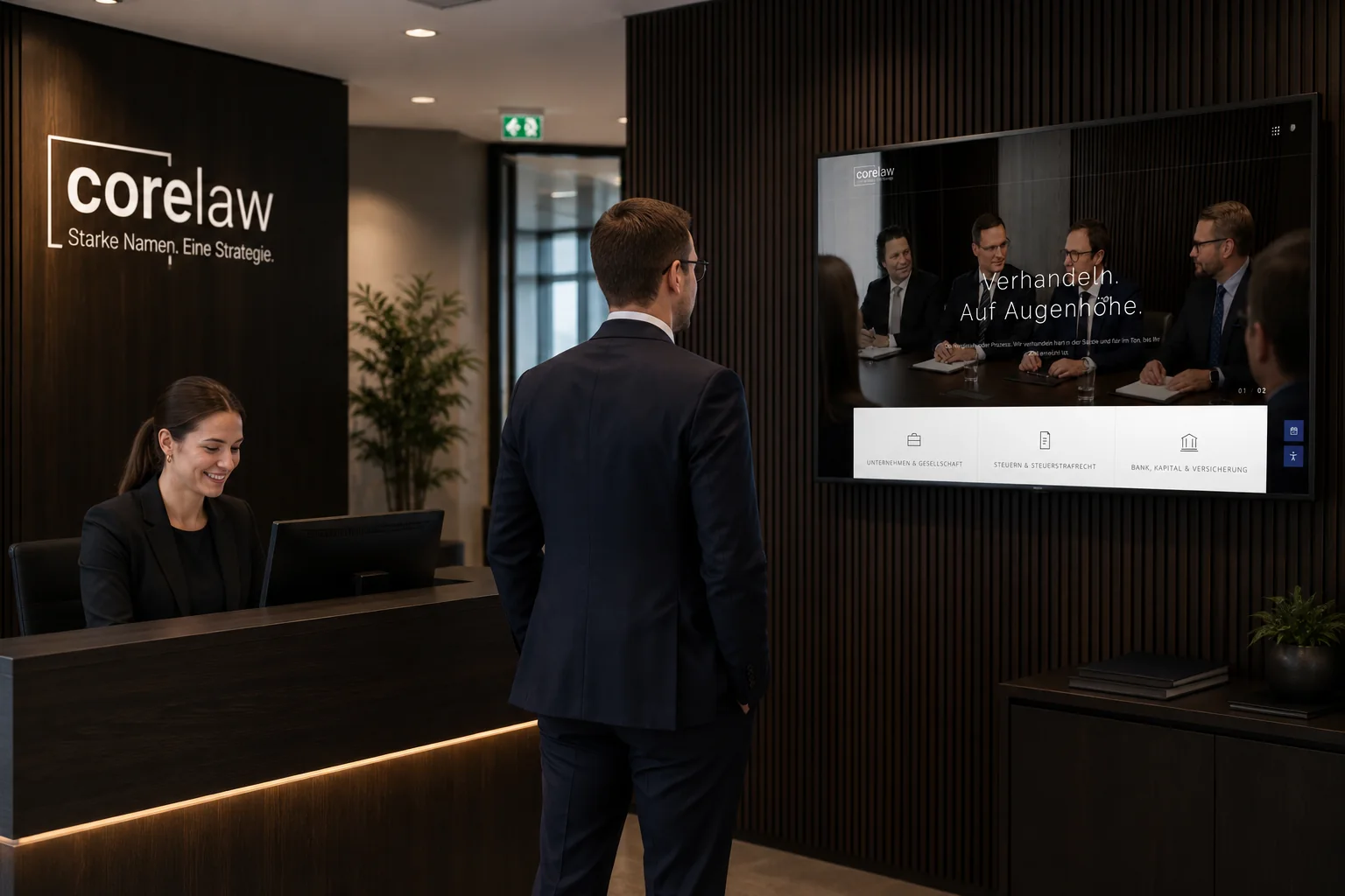 Empfang einer Kanzlei mit corelaw-Logo, auf dem Bildschirm die Website.