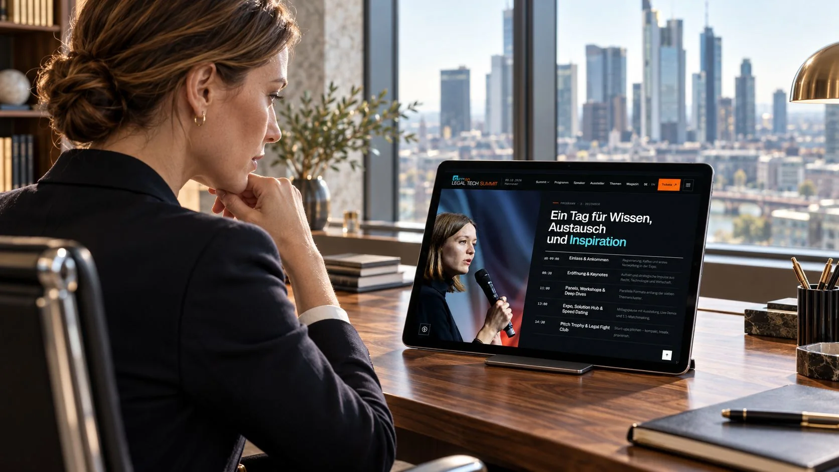 Frau am Schreibtisch mit Blick über die Stadt, auf dem Tablet die Website des German Legal Tech Summit.