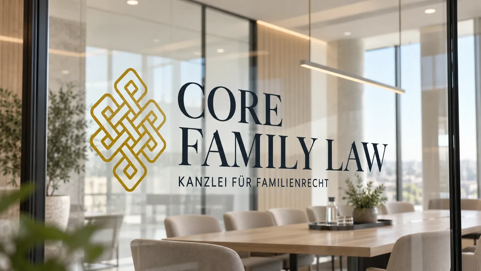 Bildmarke in Gold und Schriftzug Core Family Law, Kanzlei für Familienrecht, auf der Glaswand eines hellen Besprechungsraums
