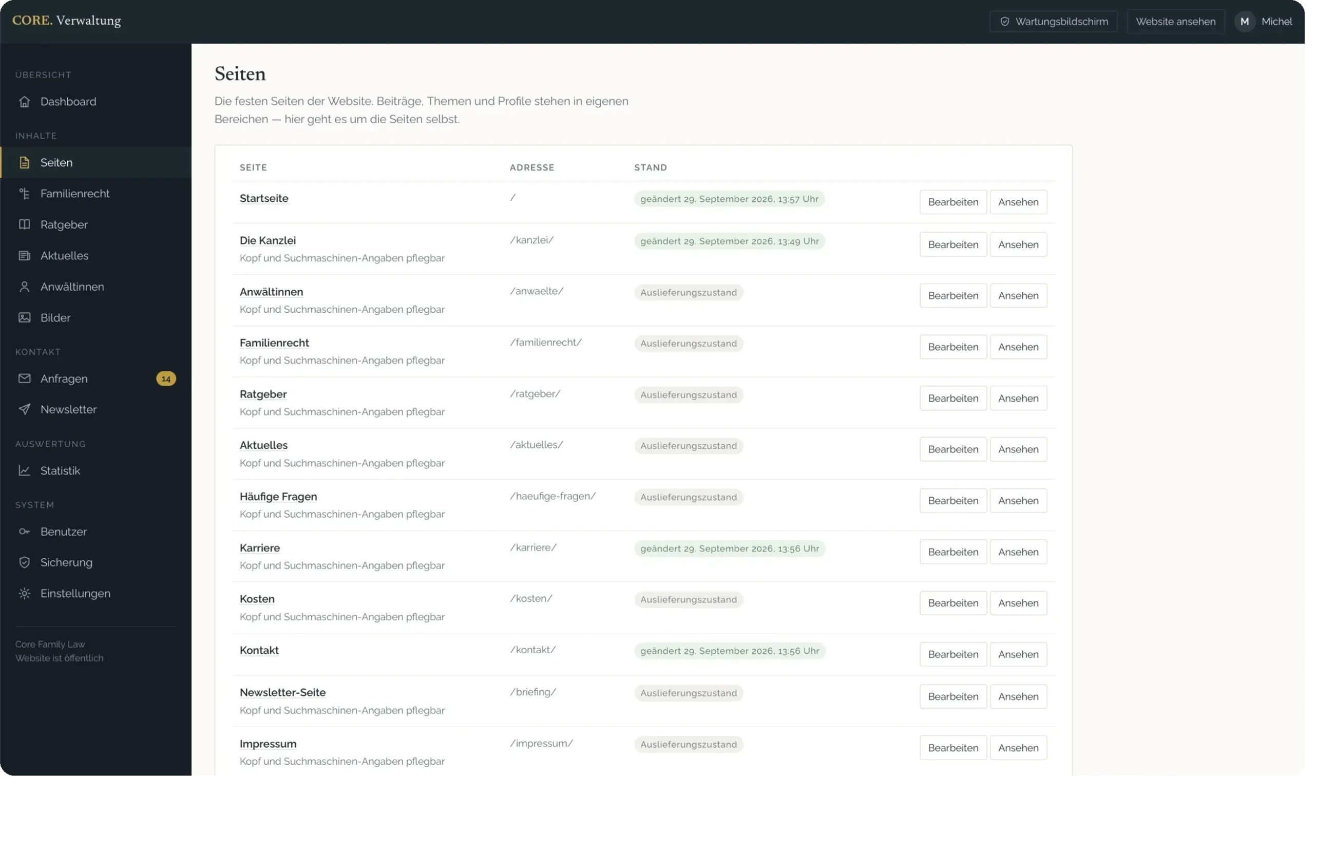 Backend von Core Family Law: Liste der Seiten der Website mit Adresse, Stand und den Knöpfen Bearbeiten und Ansehen