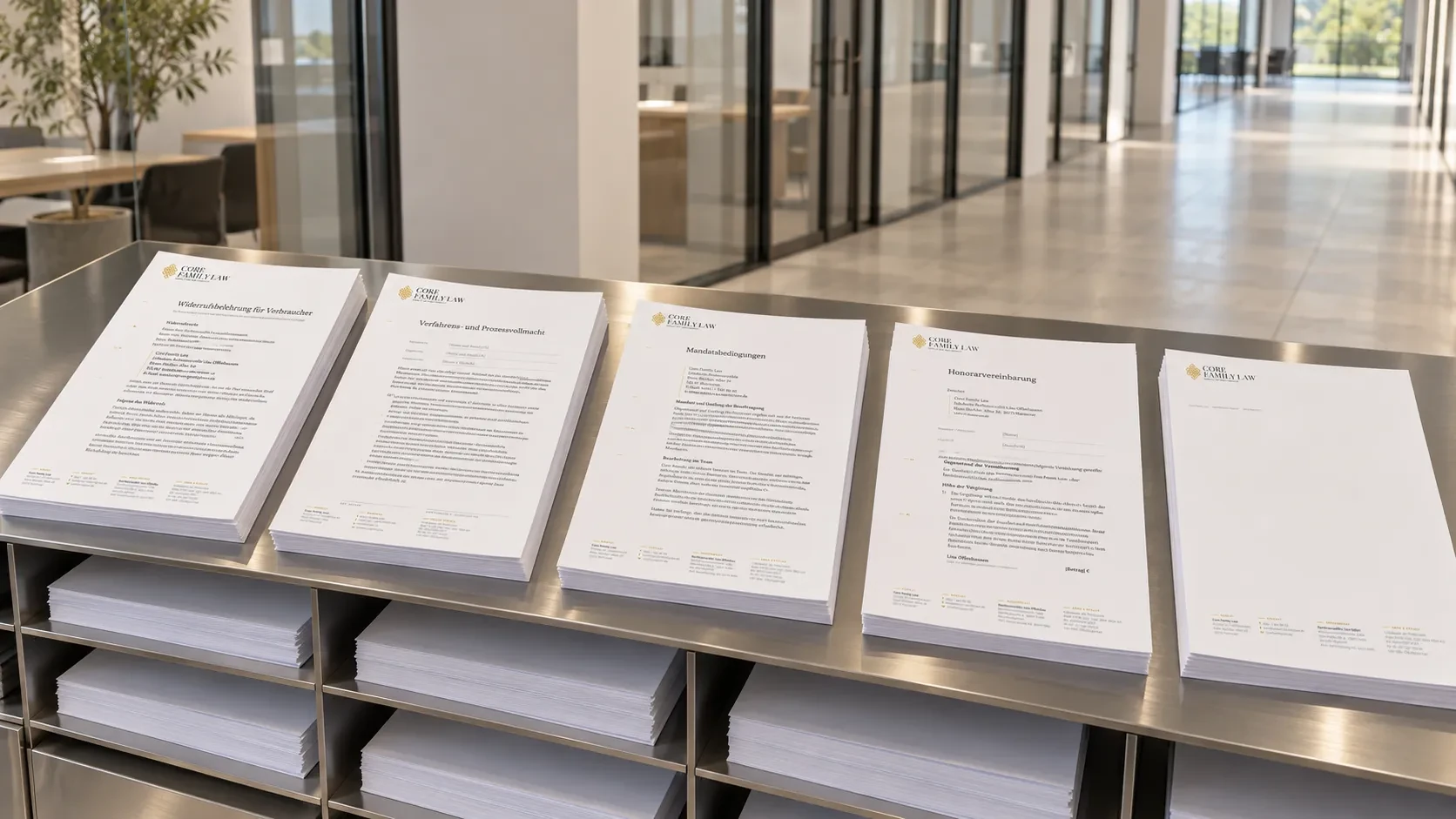 Fünf Vorlagen von Core Family Law nebeneinander auf einem Tresen: Widerrufsbelehrung, Prozessvollmacht, Mandatsbedingungen, Honorarvereinbarung und Briefbogen