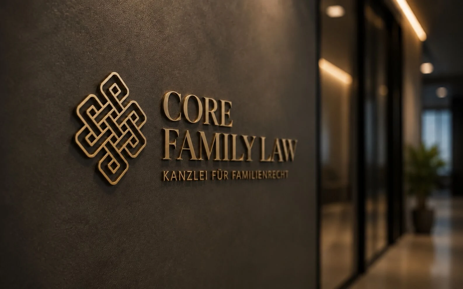 Bildmarke, ein unendlicher Knoten, und Schriftzug Core Family Law in Gold an einer dunklen Wand im Empfang