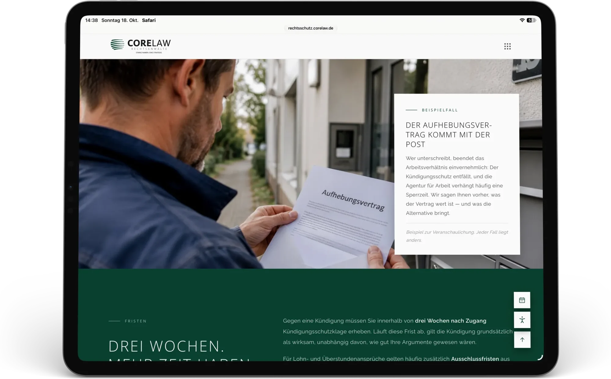 iPad mit einem Beispielfall auf der Website der Kanzlei corelaw.