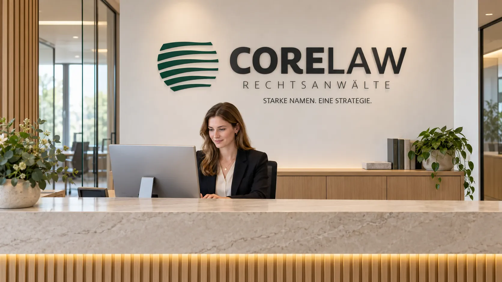 Empfang der Kanzlei corelaw mit dem Logo an der Wand.